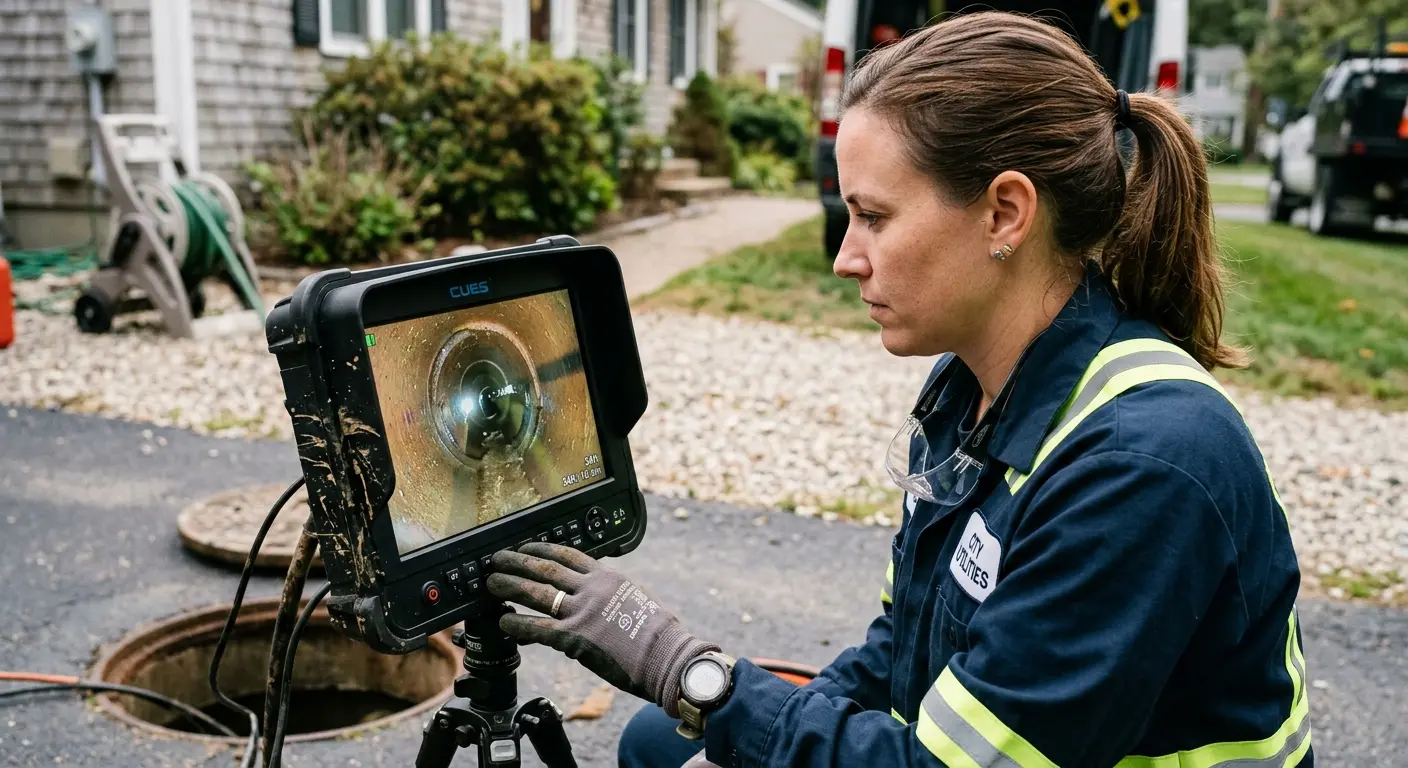 Technician reviewing sewer camera inspection footage in Kettering