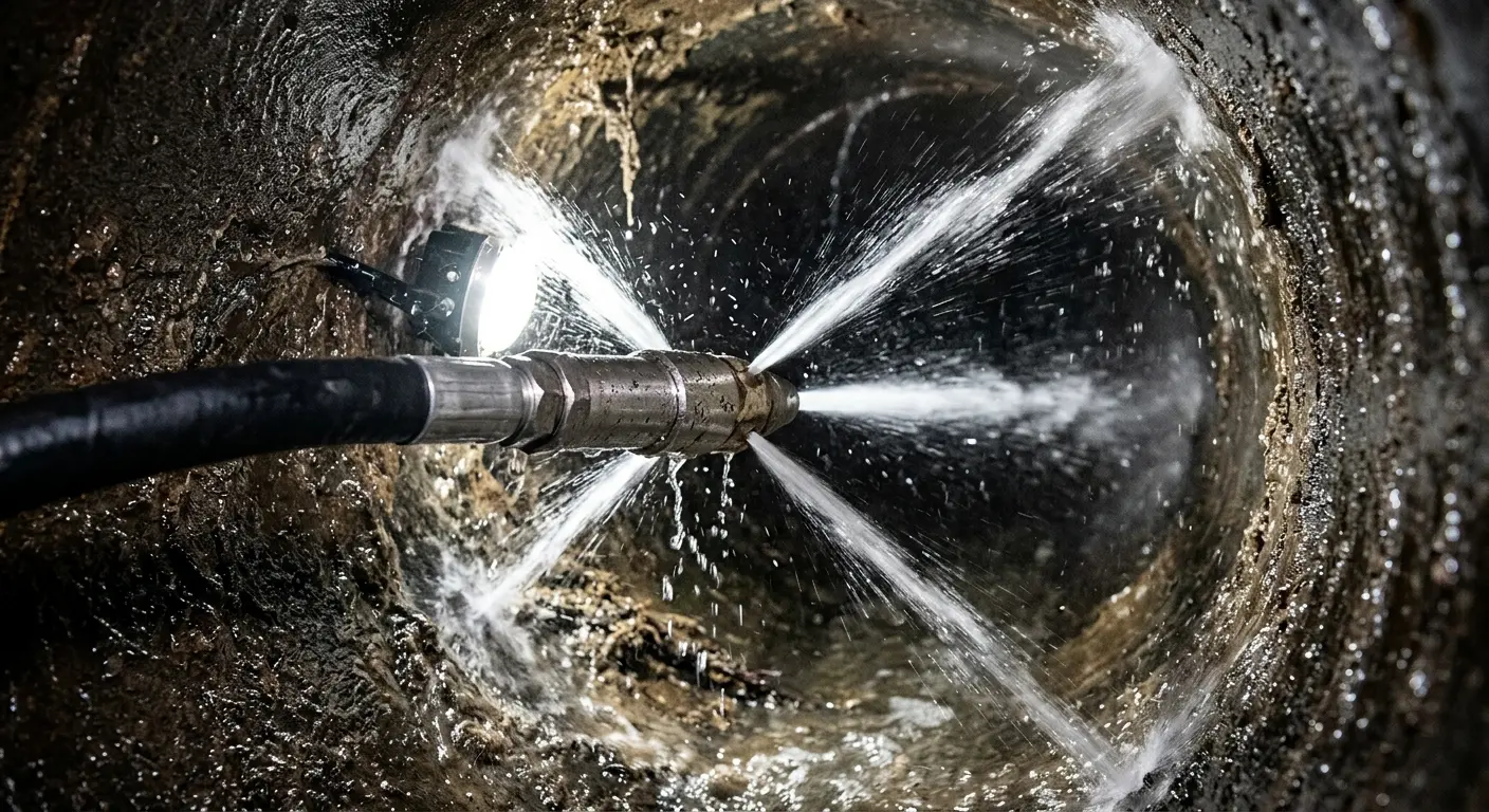 High-pressure hydro jetting nozzle cleaning sewer pipe for Trenchless Sewer Repair in Kettering