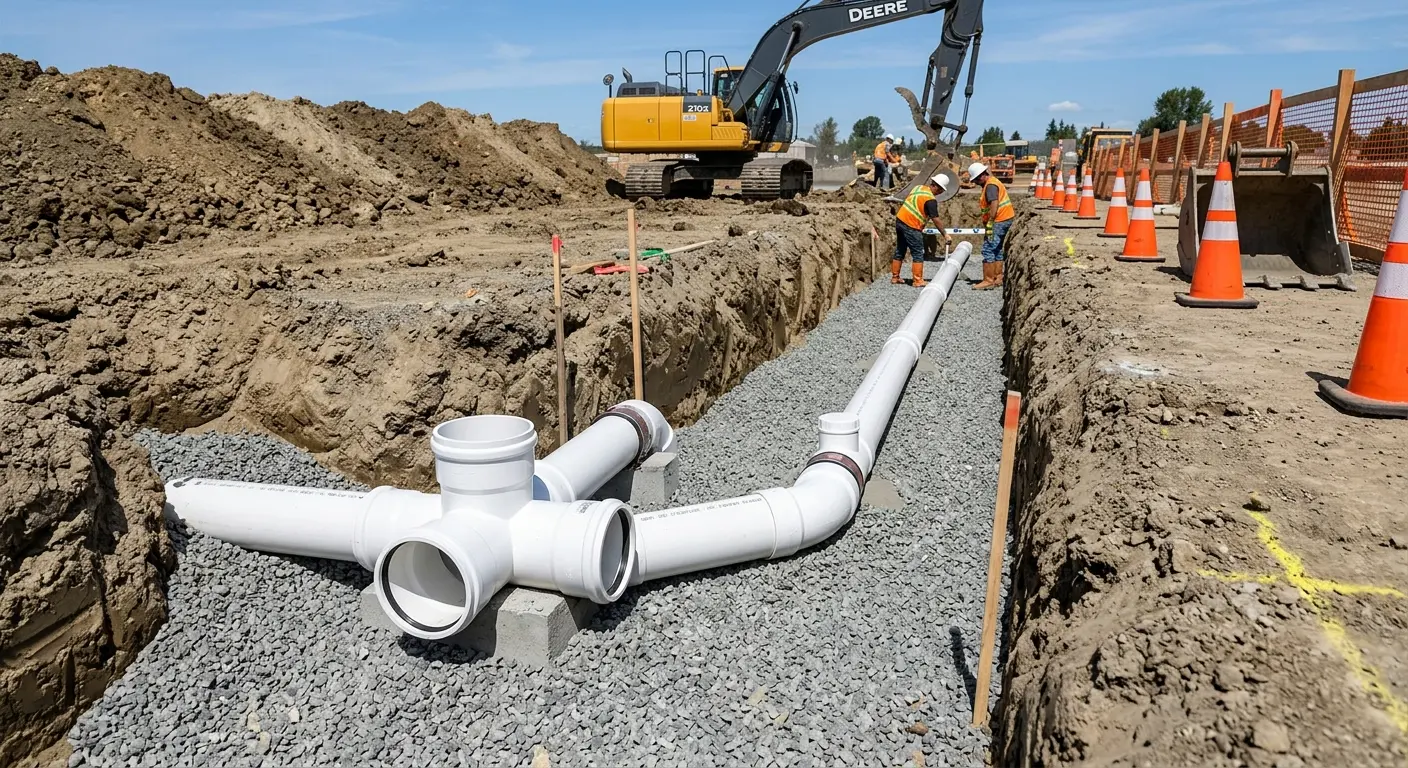 New PVC sewer pipe installation in open trench for Commercial Drain Cleaning in Kettering